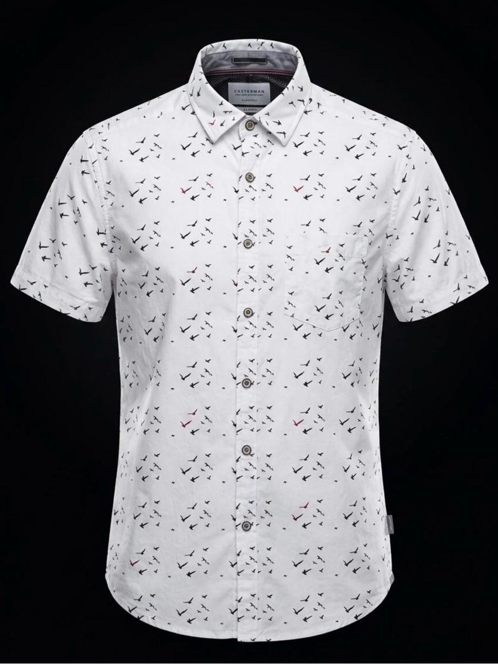 Cactus Man White Short Sleeve Button-Up Shirt with Bird Print - Slim Fit.